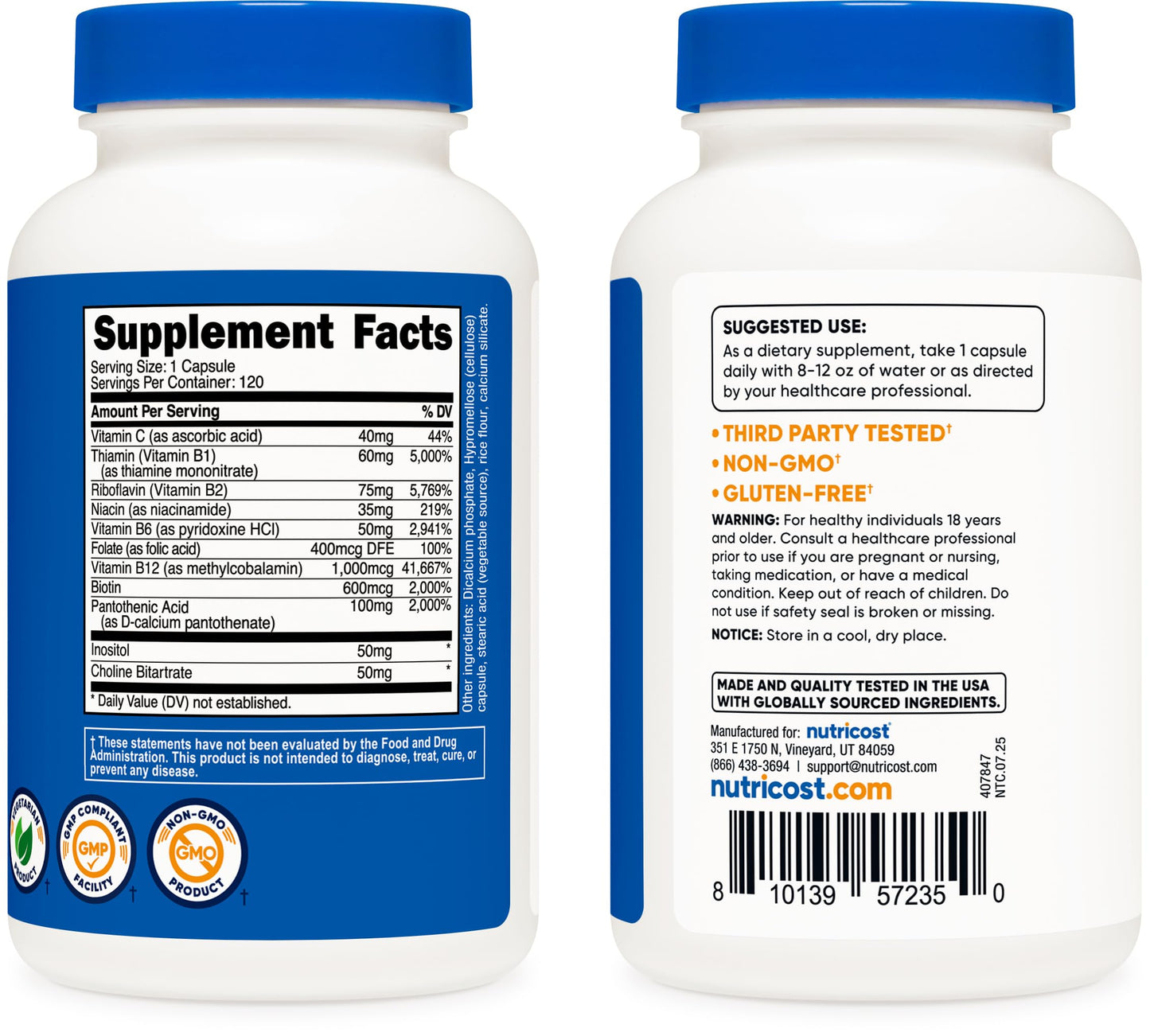 Nutricost High Potency Vitamin B Complex 462mg | 120 Veggie Capsules + Vitamin C