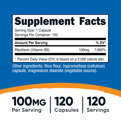 Nutricost Vitamin B2 100mg Riboflavin - 120 Capsules, Gluten Free & Non-GMO