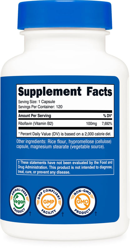 Nutricost Vitamin B2 (Riboflavin) 100mg | 120 Capsules - Gluten Free & Non-GMO (Pack of 2)