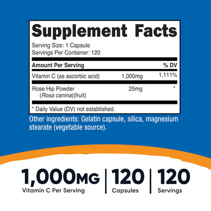 Nutricost Vitamin C with Rose Hips 1025mg – 120 Capsules | Vitamin C 1000mg + Rose Hips 25mg | Non-GMO, Gluten Free