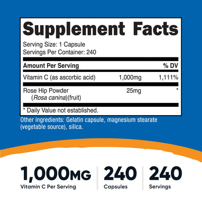 Nutricost Vitamin C with Rose Hips 1025mg – 240 Capsules | Vitamin C 1000mg, Non-GMO, Gluten Free