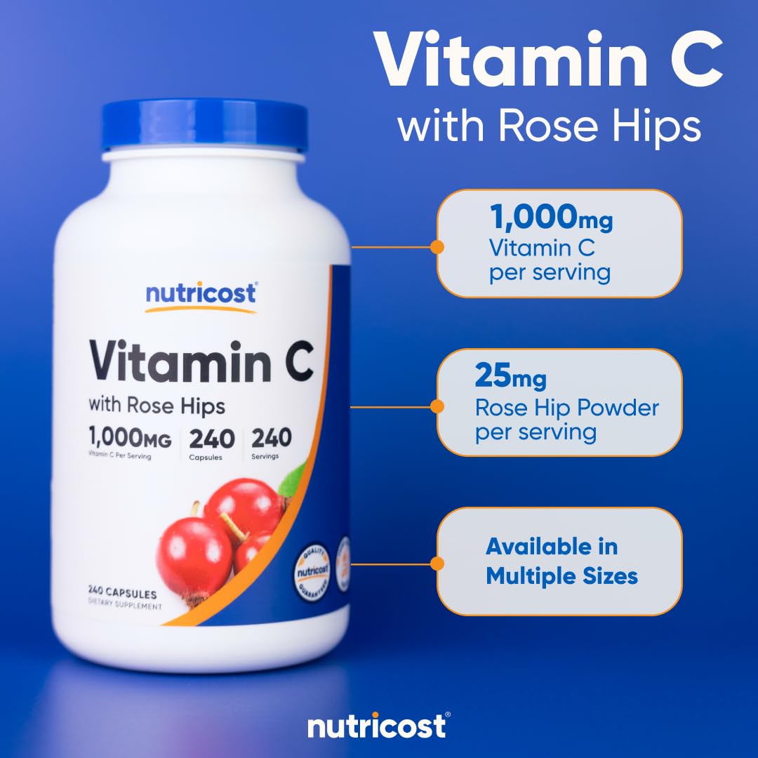 Nutricost Vitamin C with Rose Hips 1025mg – 240 Capsules | Vitamin C 1000mg, Non-GMO, Gluten Free