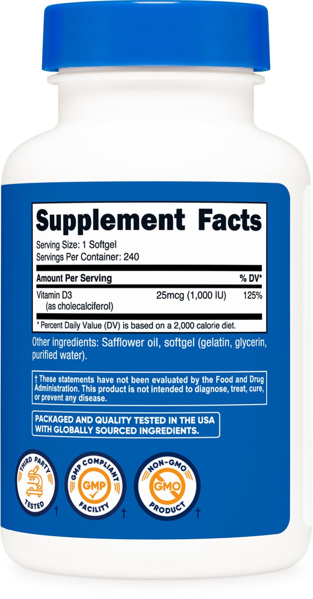 Nutricost Vitamin D3 1000 IU Softgels – 240 Softgels, Non-GMO & Gluten Free