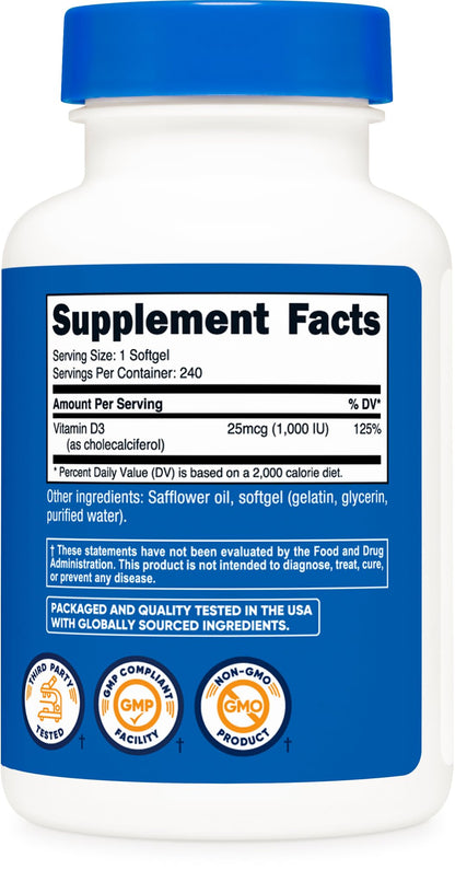 Nutricost Vitamin D3 1000 IU Softgels – 240 Softgels, Non-GMO & Gluten Free