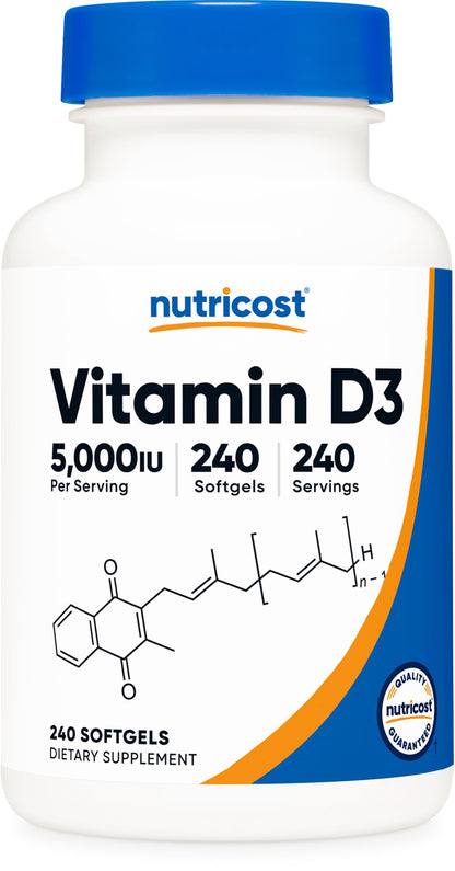 Nutricost Vitamin D3 5000 IU (125 mcg) - 240 Softgels | Non-GMO & Gluten Free