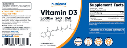 Nutricost Vitamin D3 5000 IU (125 mcg) - 240 Softgels | Non-GMO & Gluten Free