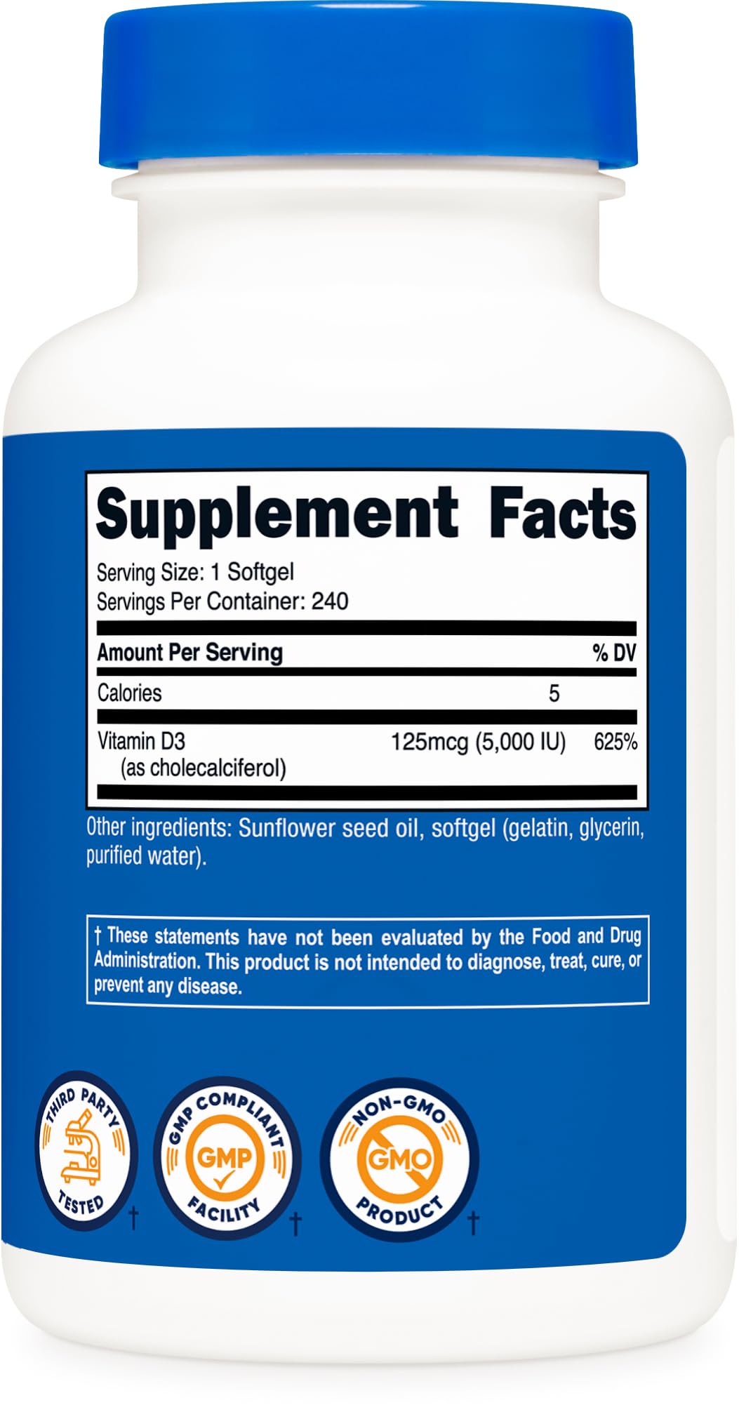 Nutricost Vitamin D3 5000 IU (125 mcg) - 240 Softgels | Non-GMO & Gluten Free