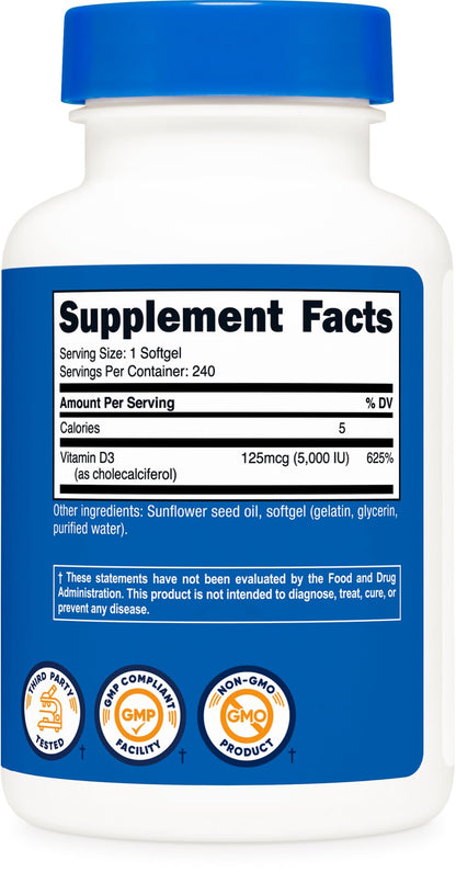 Nutricost Vitamin D3 5000 IU (125 mcg) - 240 Softgels | Non-GMO & Gluten Free
