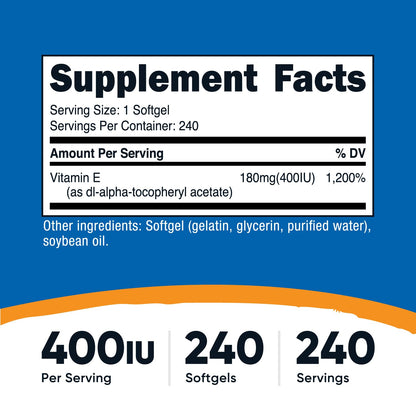 Nutricost Vitamin E 400 IU | 240 Softgel Capsules – Gluten Free, Non-GMO