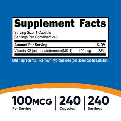 Nutricost Vitamin K2 MK-4 240 Capsules - 100 mcg, Gluten Free & Non-GMO