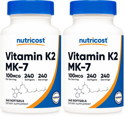 Nutricost Vitamin K2 MK-7 100 mcg - 240 Softgels | Gluten Free & Non-GMO (Pack of 2)