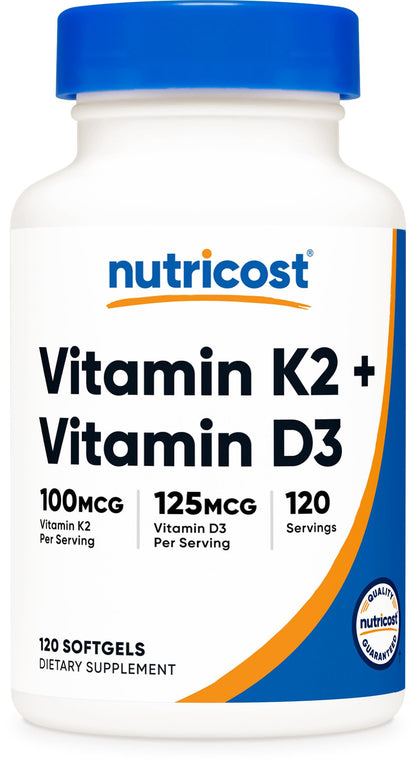 Nutricost Vitamin K2 MK7 100 mcg + Vitamin D3 5000 IU | 120 Softgels | Gluten Free, Non-GMO