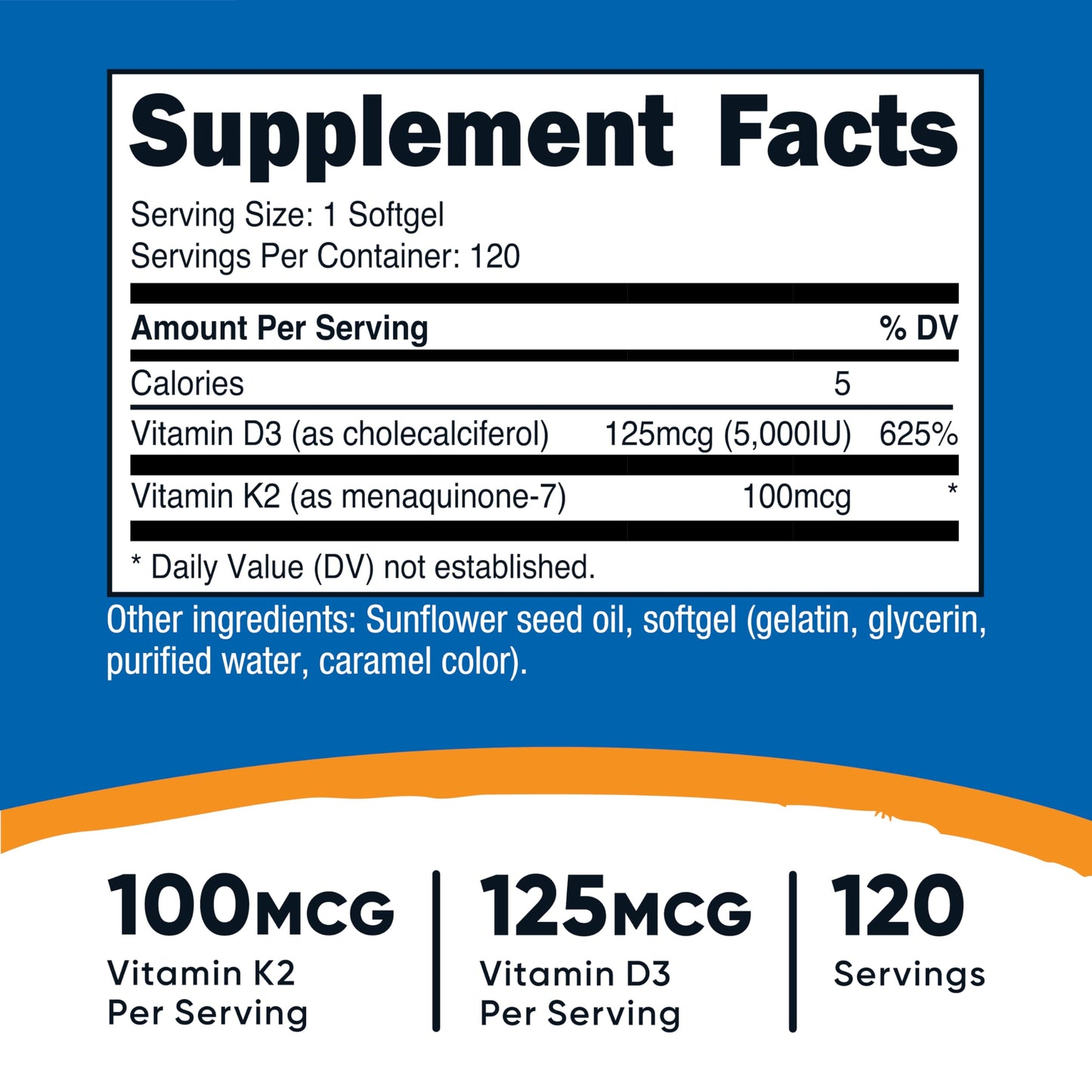Nutricost Vitamin K2 MK7 100 mcg + Vitamin D3 5000 IU | 120 Softgels | Gluten Free, Non-GMO
