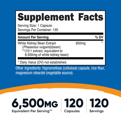 Nutricost White Kidney Bean Capsules 6,500mg Equivalent per Serving — 120 Vegetarian Capsules | Gluten Free & Non-GMO
