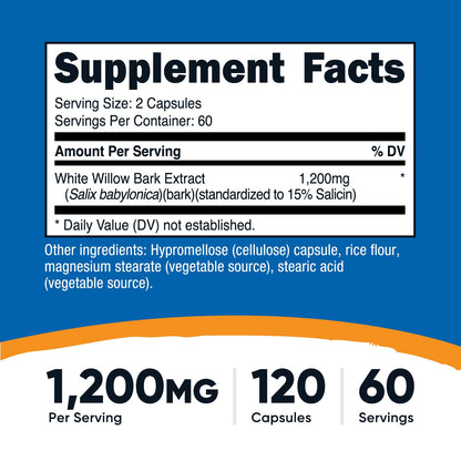 Nutricost White Willow Bark Capsules – 1200 mg per Serving, 60 Servings (120 Capsules)