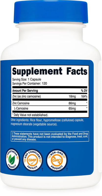 Nutricost Zinc Carnosine 86mg - 120 Capsules | Non-GMO & Gluten Free