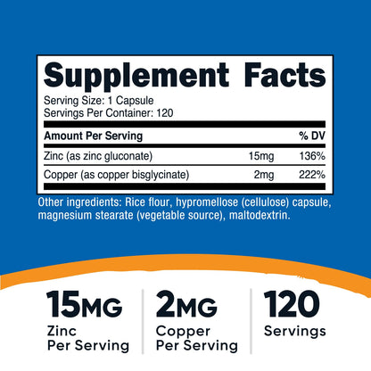 Nutricost Zinc + Copper Capsules (120 Servings) - 15mg Zinc + 2mg Copper per Serving | Non-GMO, Vegetarian