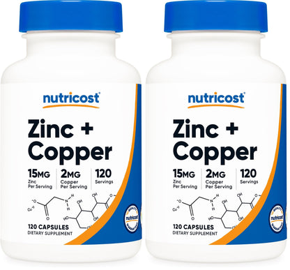 Nutricost Zinc + Copper Capsules – 120 Servings (15mg Zn / 2mg Cu) – Non-GMO, Vegetarian (Pack of 2)