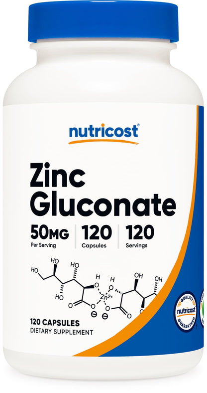 Nutricost Zinc Gluconate 120 Vegetarian Capsules | 50mg Zinc Per Capsule | Gluten Free & Non-GMO