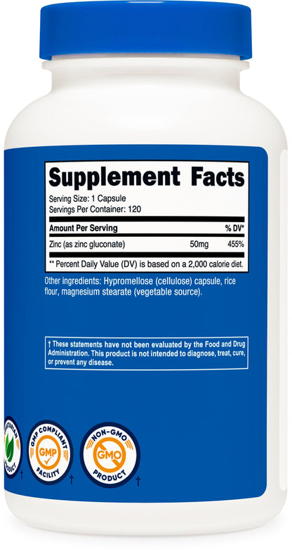 Nutricost Zinc Gluconate 120 Vegetarian Capsules | 50mg Zinc Per Capsule | Gluten Free & Non-GMO