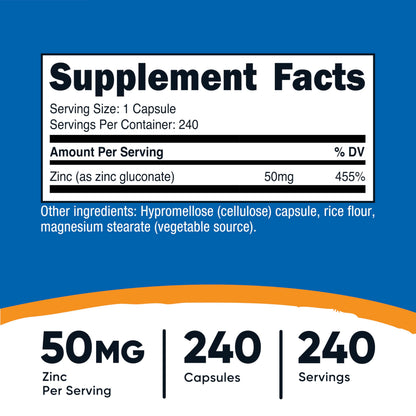 Nutricost Zinc Gluconate 240 Capsules - 50 mg, Gluten Free and Non-GMO