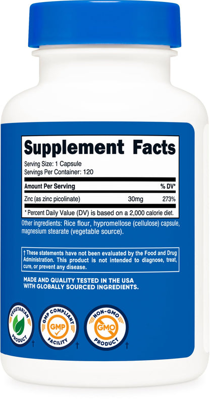 Nutricost Zinc Picolinate 30mg - 120 Capsules | Gluten Free & Non-GMO