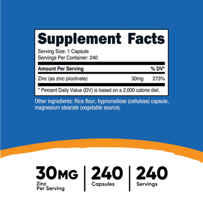 Nutricost Zinc Picolinate 30mg – 240 Capsules | Gluten Free & Non-GMO
