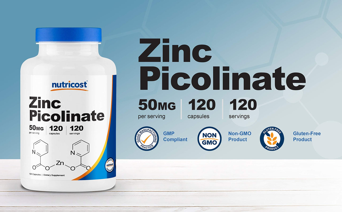Nutricost Zinc Picolinate 50mg - 120 Vegetarian Capsules | Gluten Free & Non-GMO