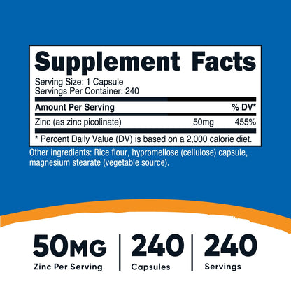 Nutricost Zinc Picolinate 50mg – 240 Vegetarian Capsules | Gluten Free & Non-GMO
