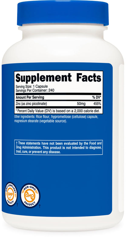 Nutricost Zinc Picolinate 50mg – 240 Vegetarian Capsules | Gluten Free & Non-GMO