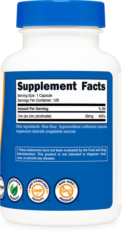 Nutricost Zinc Picolinate 50mg - 120 Vegetarian Capsules | Gluten Free & Non-GMO