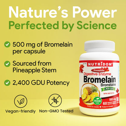 Nutridom Bromelain Digestive Enzyme Pineapple Supplements, 2400 GDU, 500mg, Non-GMO, Vegan, Free of Gluten, Soy & Dairy (60 Count)
