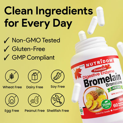 Nutridom Bromelain Digestive Enzyme Pineapple Supplements, 2400 GDU, 500mg, Non-GMO, Vegan, Free of Gluten, Soy & Dairy (60 Count)