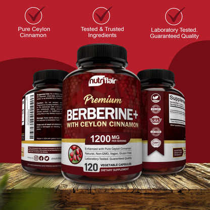 NutriFlair Berberine HCL 1200mg + Cinnamon - 120 Veggie Capsules