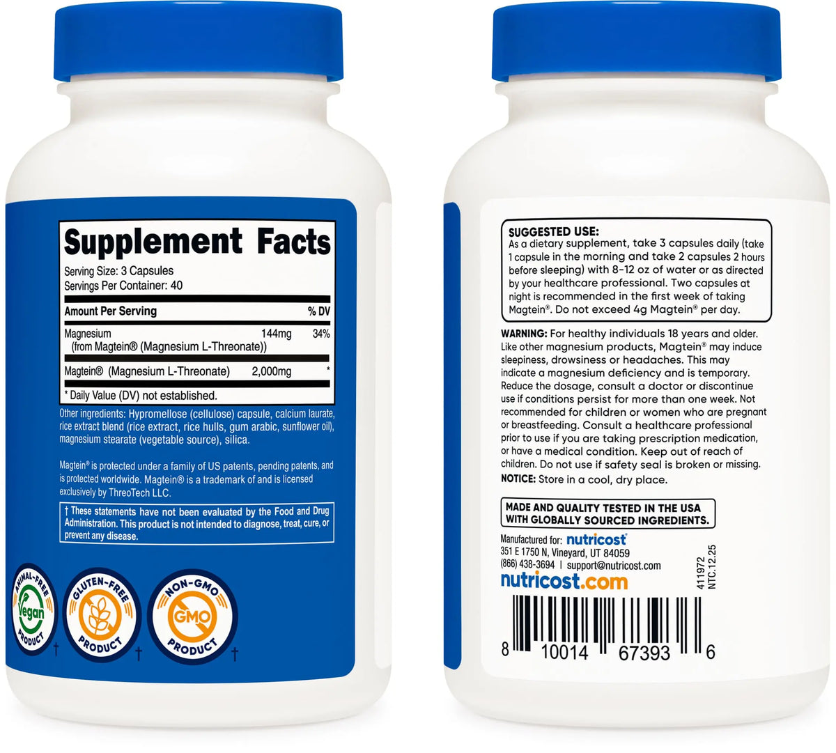 Nutricost Magnesium L-Threonate (Magtein) 2000mg – 120 Capsules – Non-GMO, Gluten Free, Vegetarian Friendly BritishVita | Premium UK Vitamins & Wellness Supplements