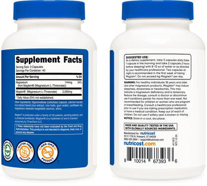 Nutricost Magnesium L-Threonate (Magtein) 2000mg – 120 Capsules – Non-GMO, Gluten Free, Vegetarian Friendly BritishVita | Premium UK Vitamins & Wellness Supplements