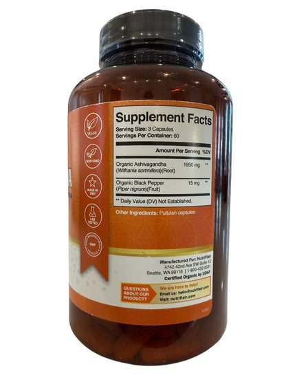 NutriFlair Organic Ashwagandha Root Extract with Organic Black Pepper — Stress & Mood Support — Made in USA
