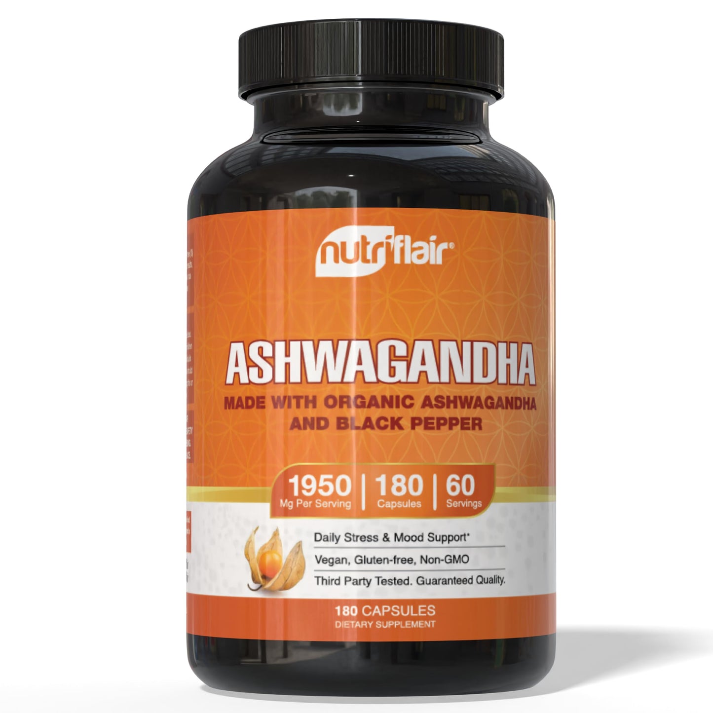 NutriFlair Organic Ashwagandha Root Extract with Organic Black Pepper — Stress & Mood Support — Made in USA