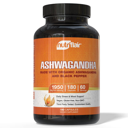 NutriFlair Organic Ashwagandha Root Extract with Organic Black Pepper — Stress & Mood Support — Made in USA