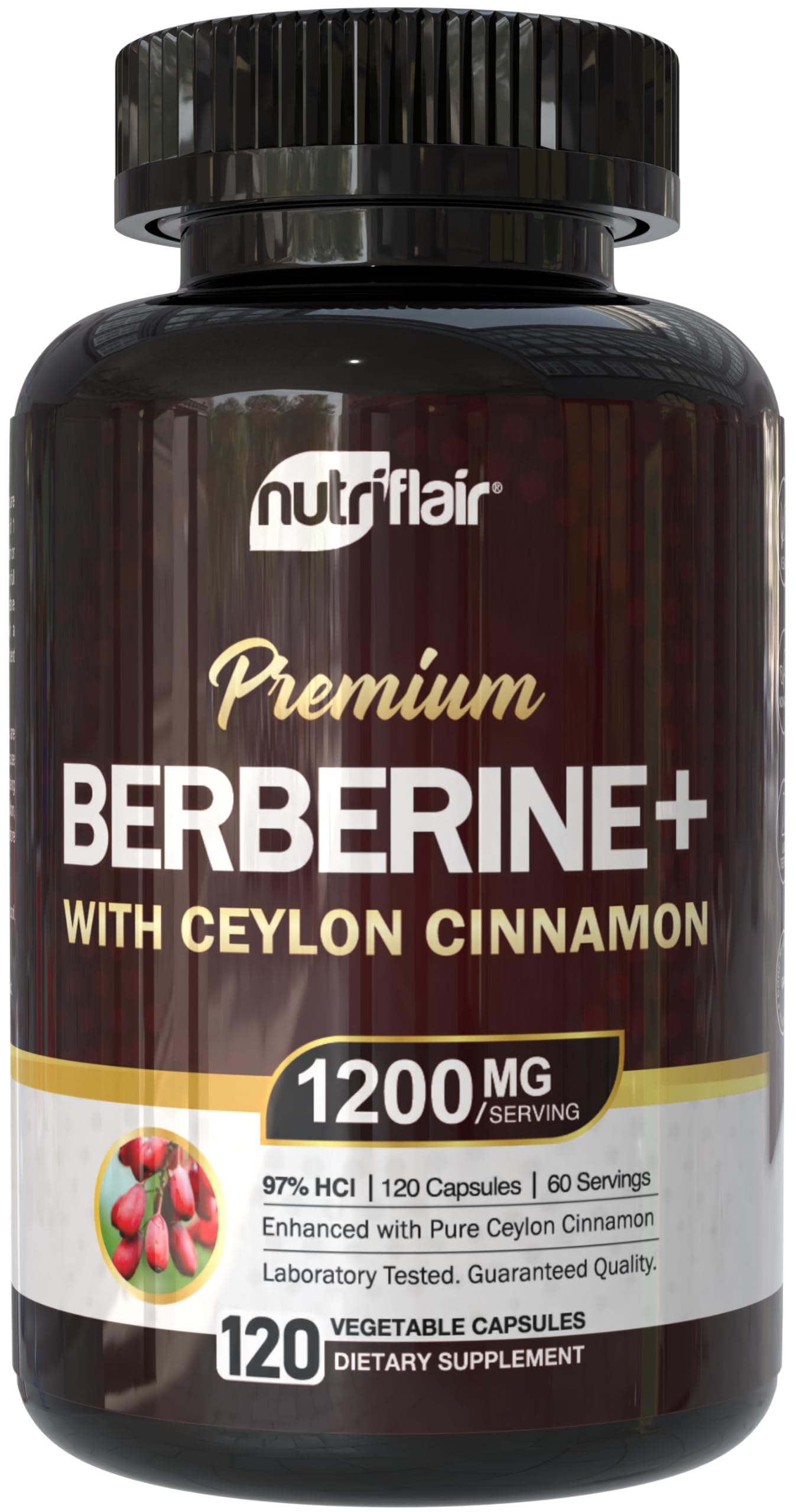 NutriFlair Berberine HCl 97% + Ceylon Cinnamon – 120 Capsules, 60 Servings, Vegan