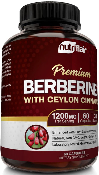NutriFlair Berberine HCL 1200mg + True Ceylon Cinnamon | 60 Capsules - Immune & Metabolic Support