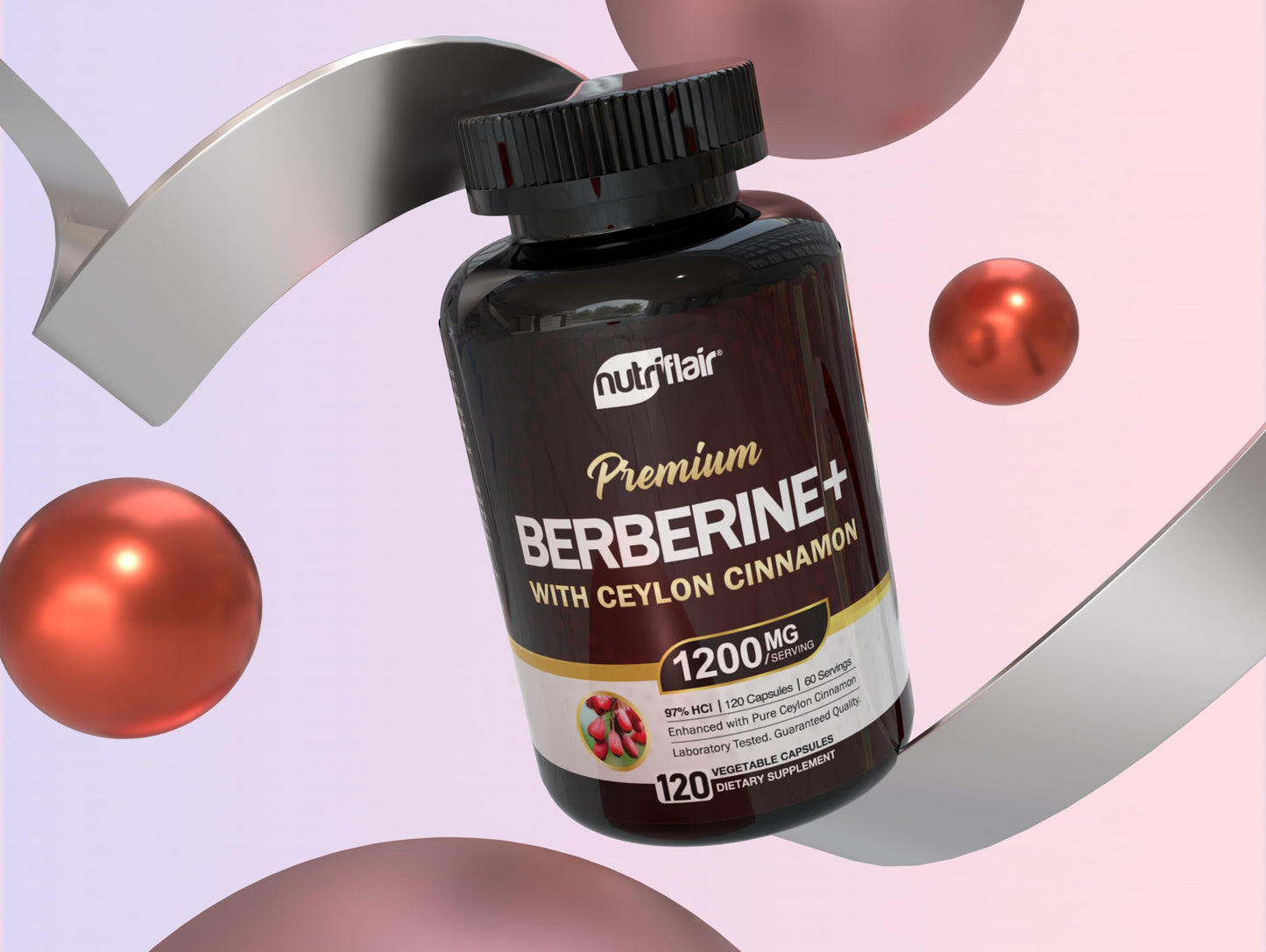 NutriFlair Berberine HCl 97% + Ceylon Cinnamon – 120 Capsules, 60 Servings, Vegan