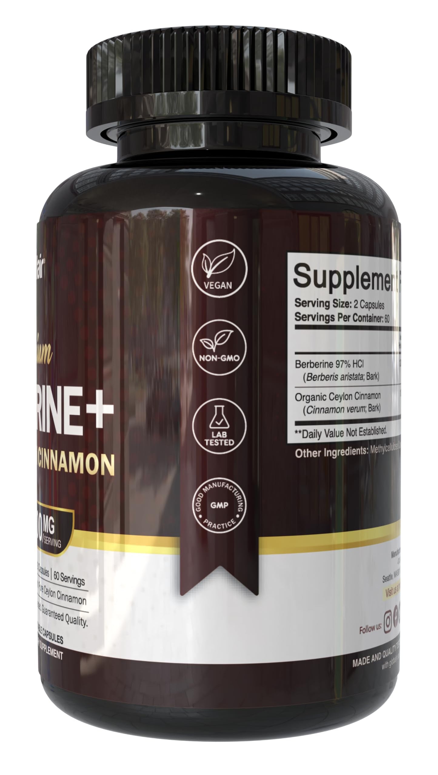NutriFlair Berberine HCl 97% + Ceylon Cinnamon – 120 Capsules, 60 Servings, Vegan