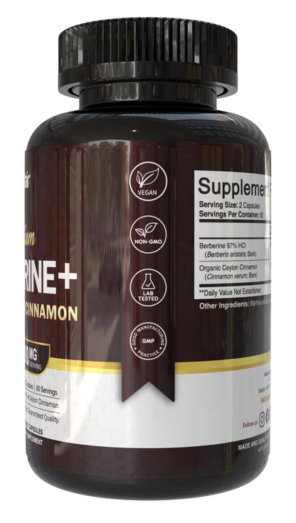 NutriFlair Berberine HCl 97% + Ceylon Cinnamon – 120 Capsules, 60 Servings, Vegan