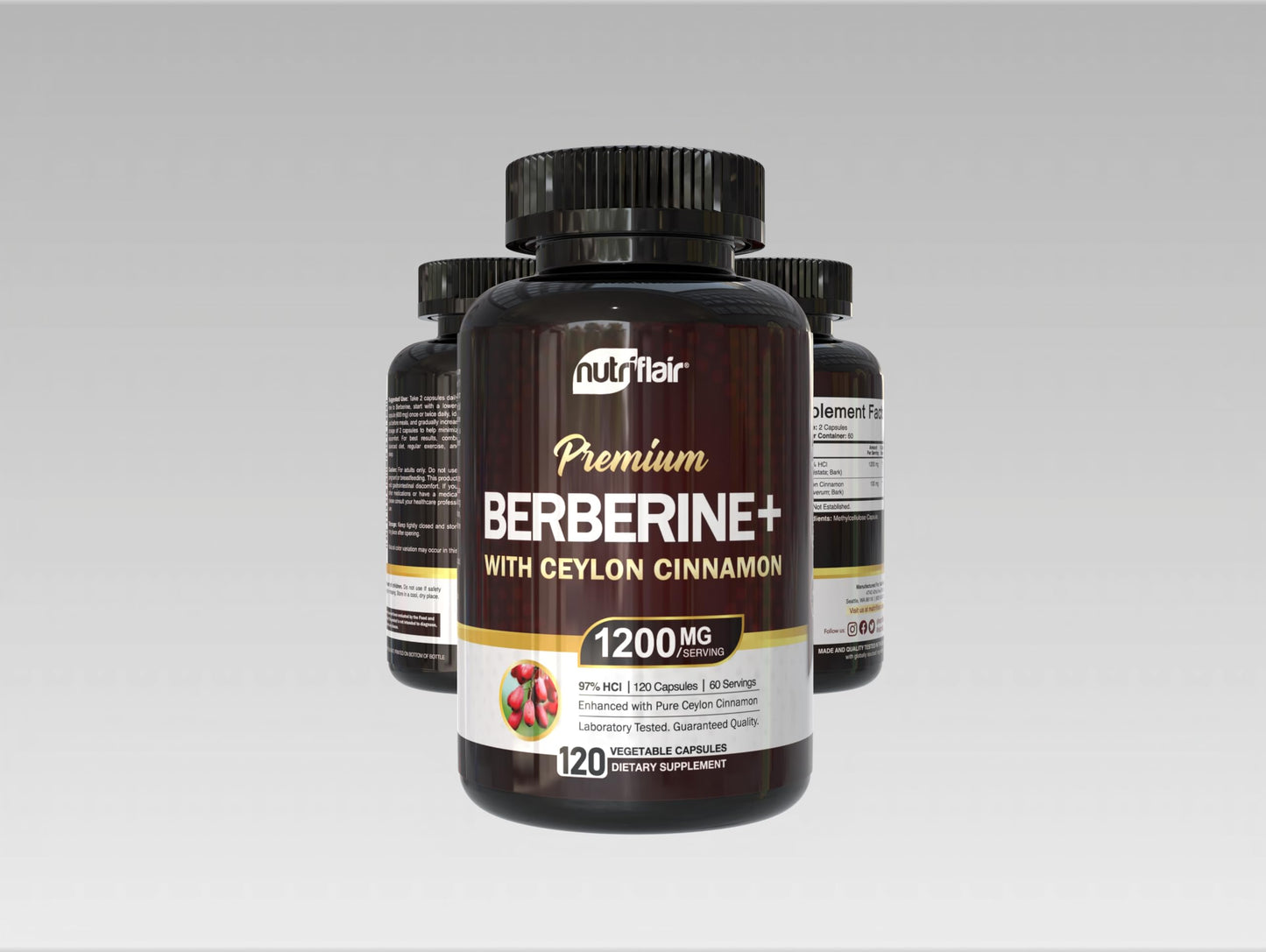 NutriFlair Berberine HCl 97% + Ceylon Cinnamon – 120 Capsules, 60 Servings, Vegan