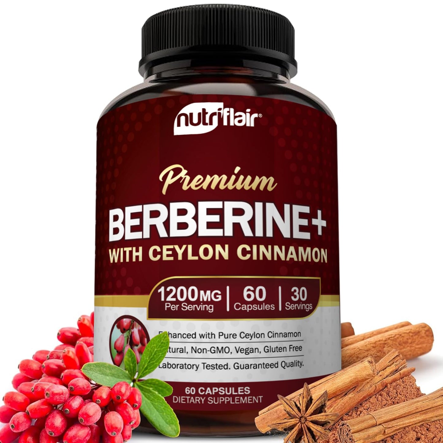 NutriFlair Berberine HCL 1200mg + True Ceylon Cinnamon | 60 Capsules - Immune & Metabolic Support