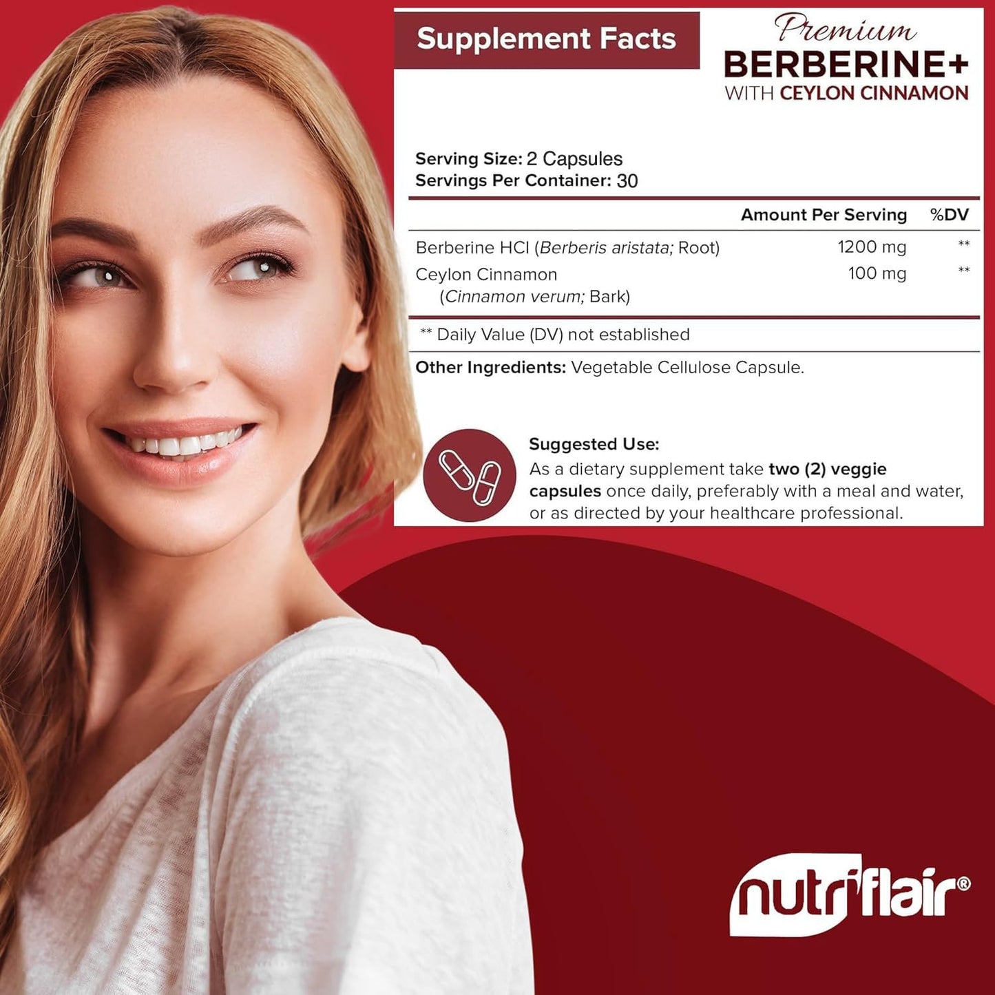 NutriFlair Berberine HCL 1200mg + True Ceylon Cinnamon | 60 Capsules - Immune & Metabolic Support