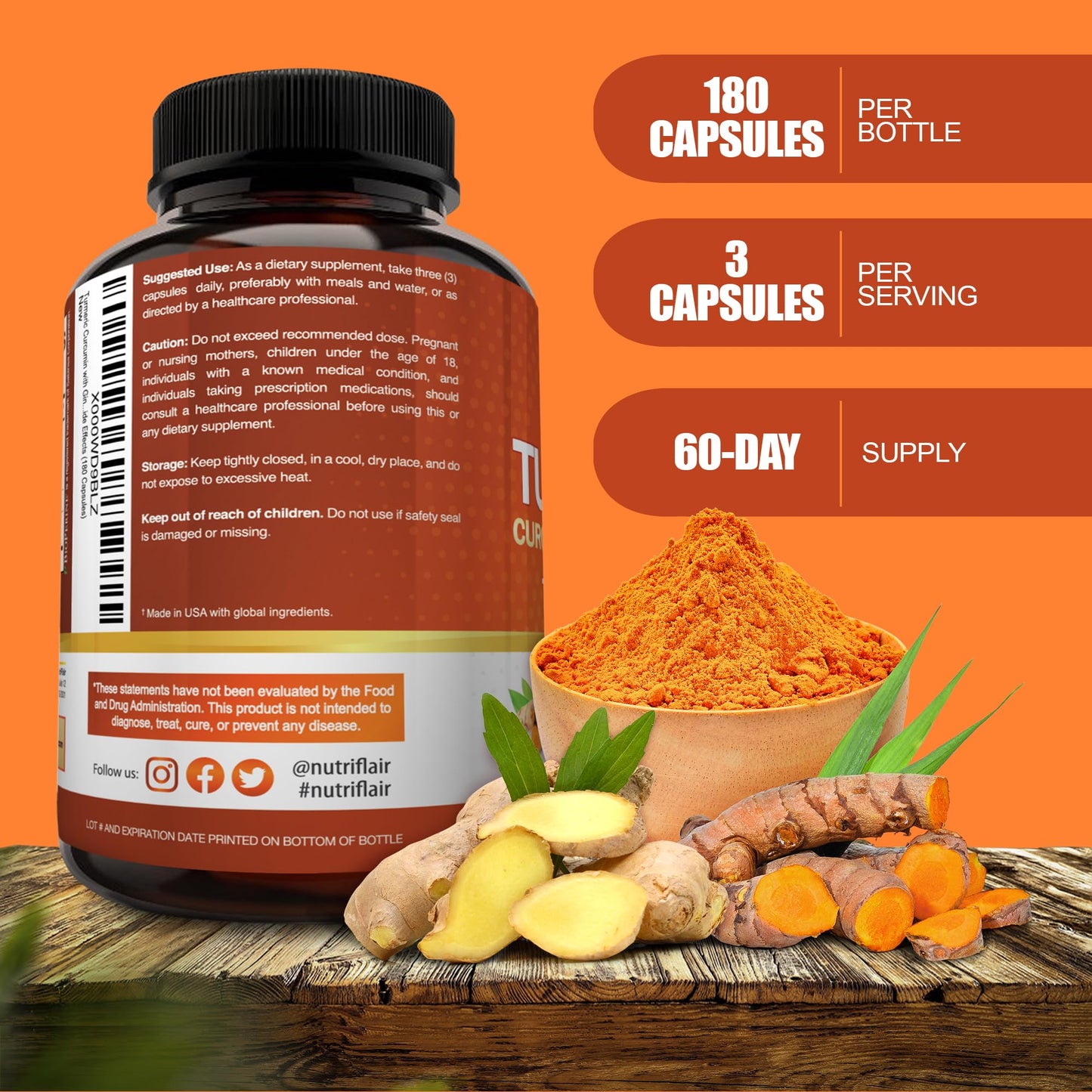 NutriFlair Turmeric Curcumin 180 Caps with BioPerine & Ginger - Joint Support