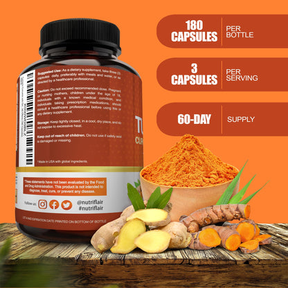 NutriFlair Turmeric Curcumin 180 Caps with BioPerine & Ginger - Joint Support