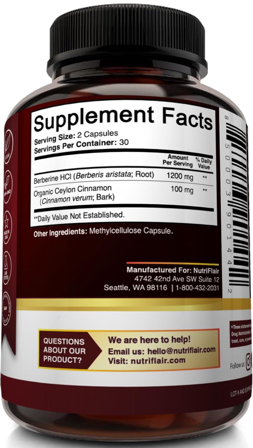 NutriFlair Berberine HCL 1200mg + True Ceylon Cinnamon | 60 Capsules - Immune & Metabolic Support